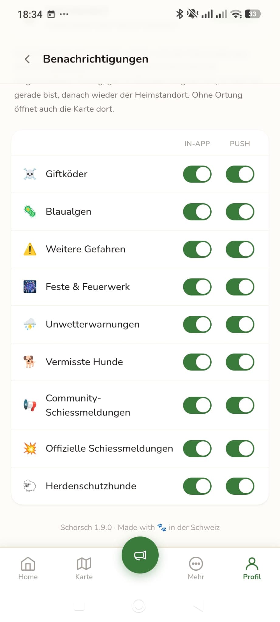 Benachrichtigungs-Einstellungen pro Gefahrentyp
