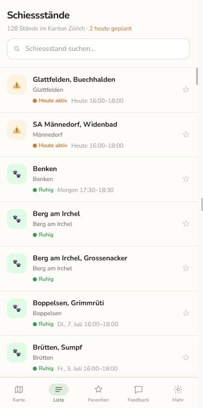 Liste aller Schiessstände sortiert nach Status