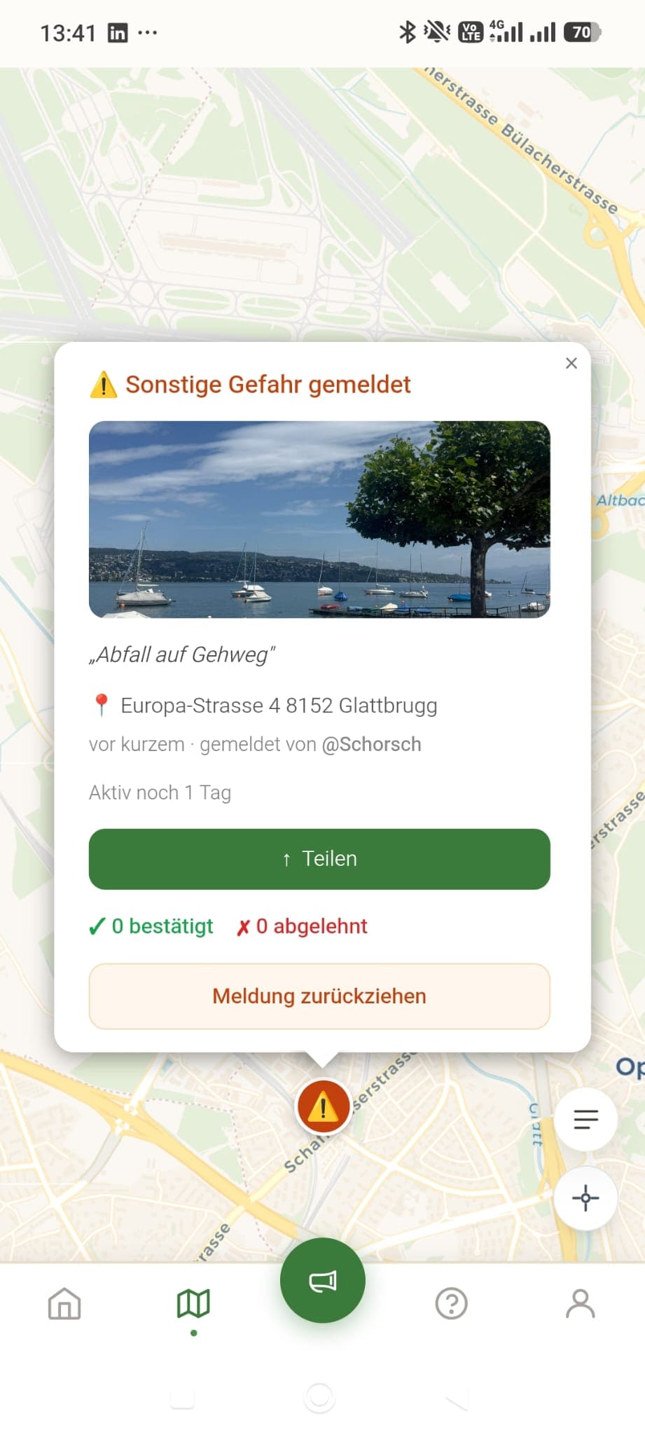 Geöffnete Gefahren-Meldung mit Details aus der Community